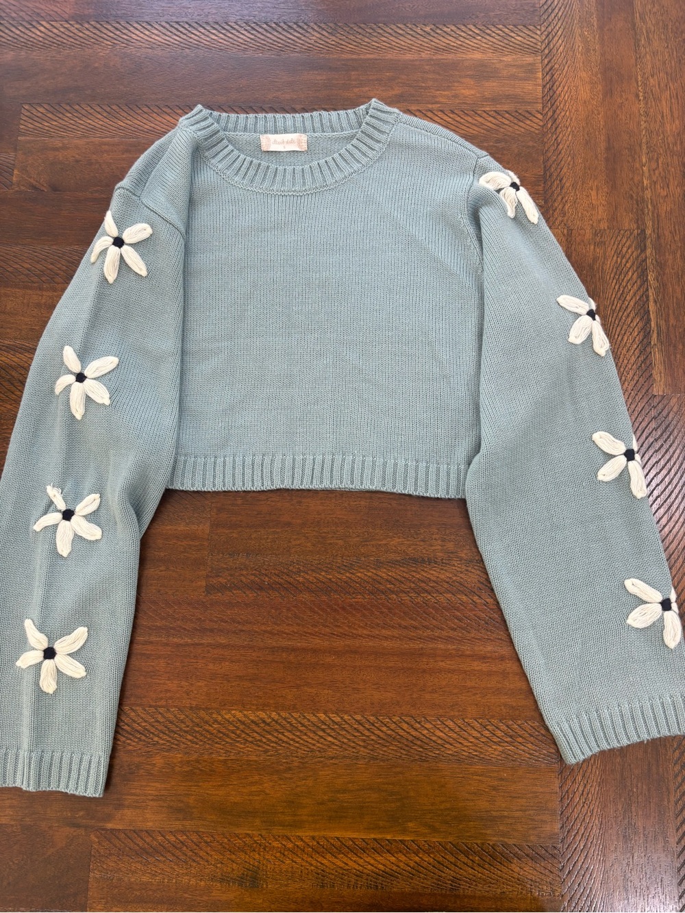 Altar'd State Dusty Blue Cropped Crewneck Sweater with White Floral Appliqués